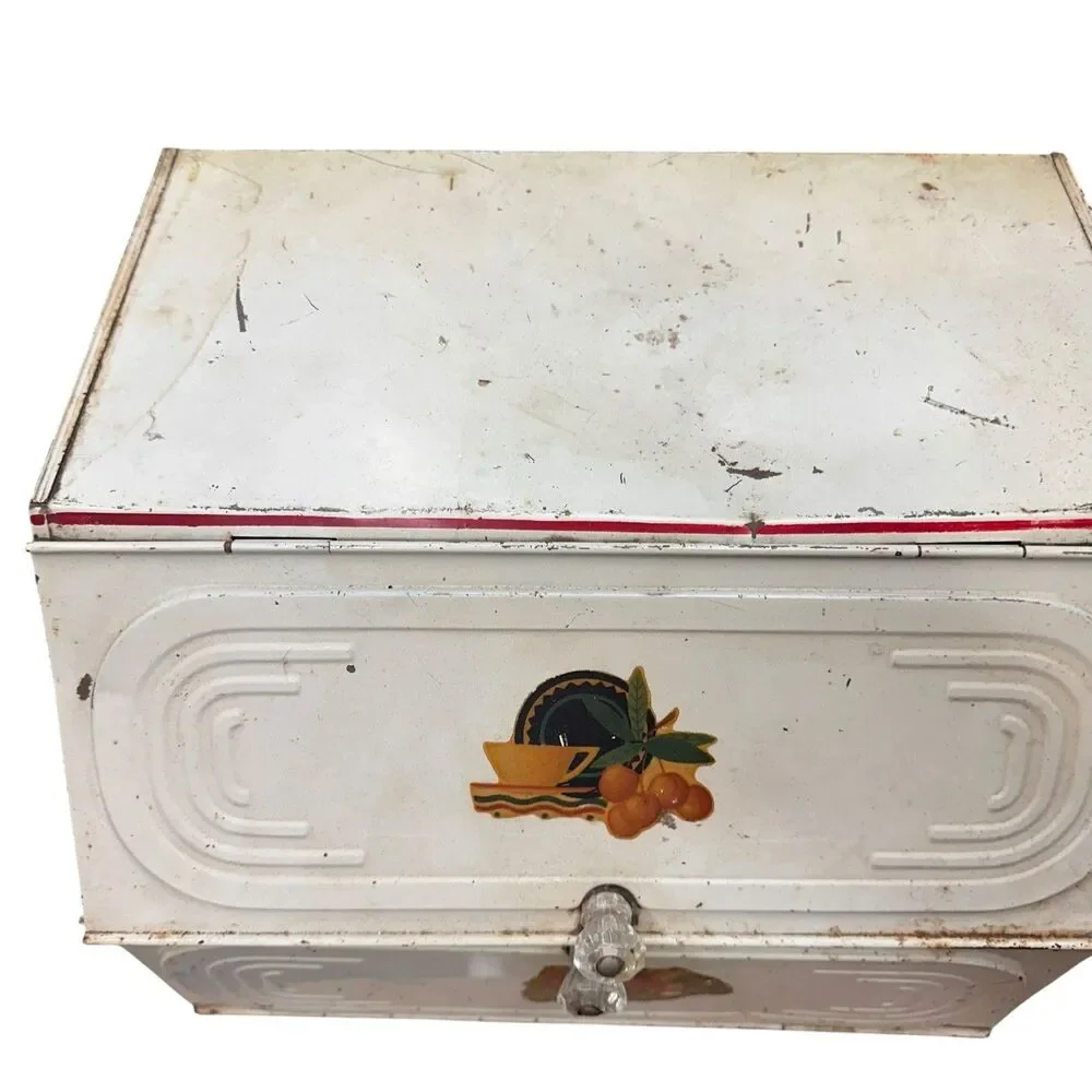 Metal Bread Box Pie Safe Cabinet White Red Trim  For Restoration